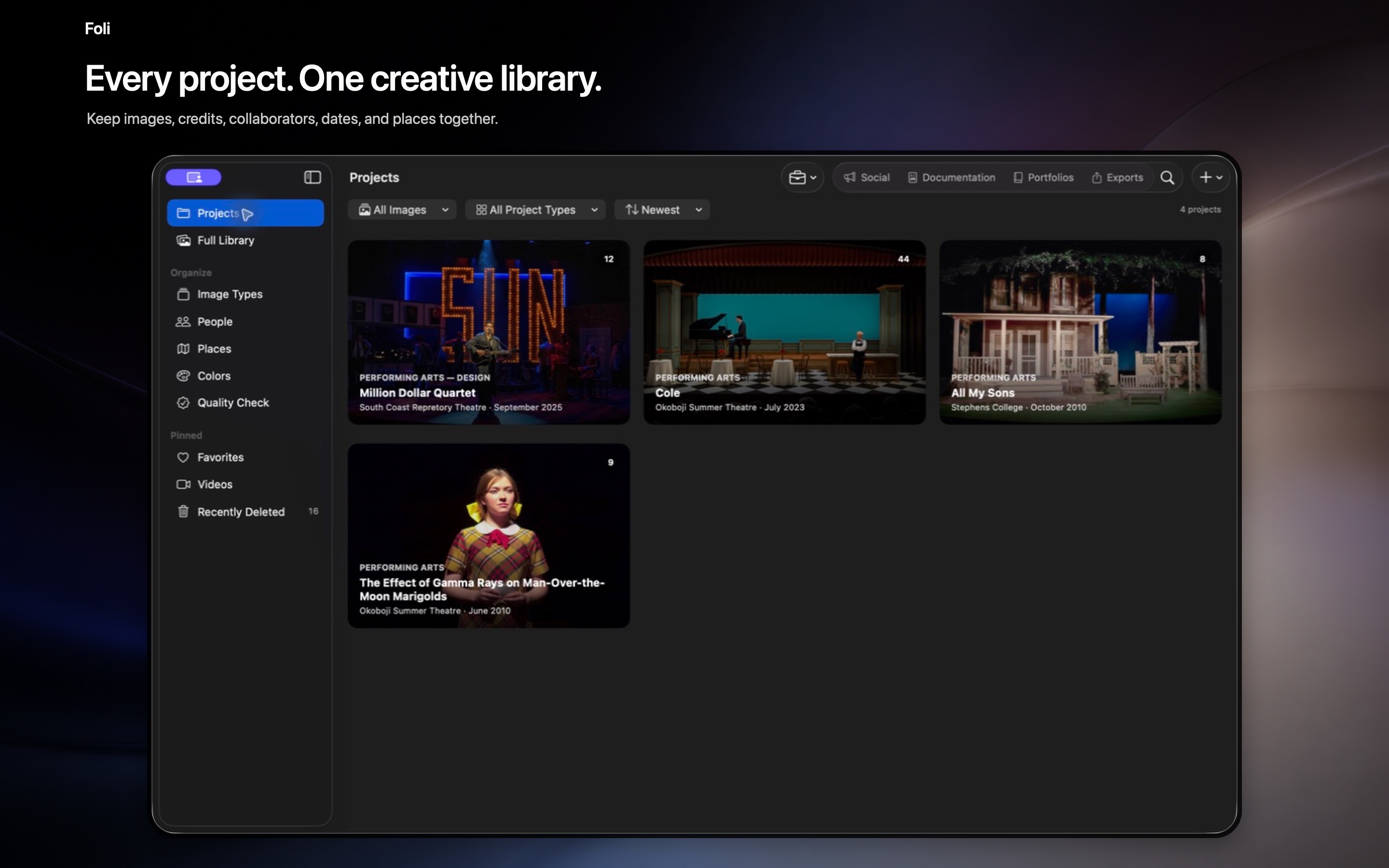 Foli Projects screen showing a visual creative archive organized by project.