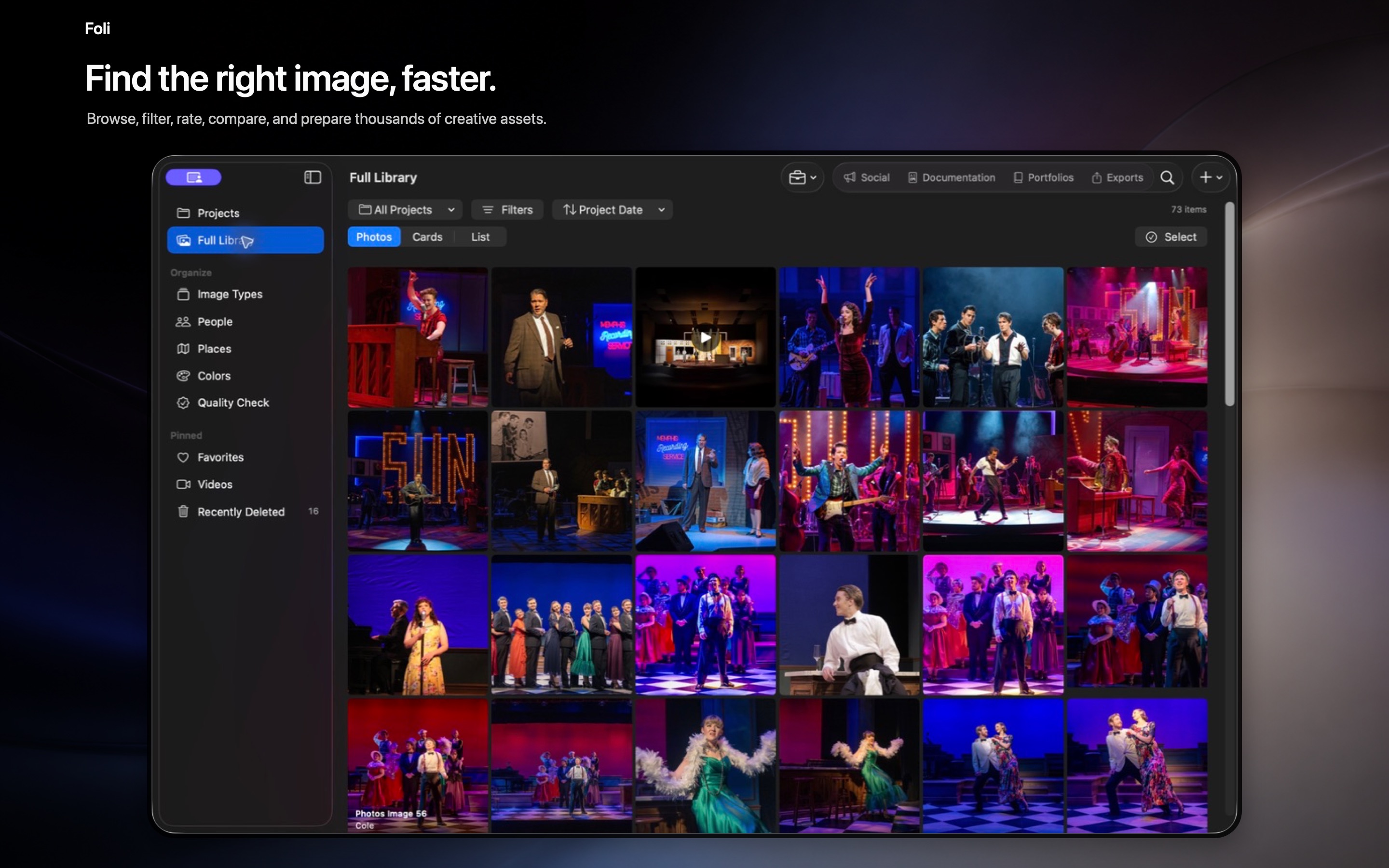 Foli Full Library showing a searchable grid of project images.