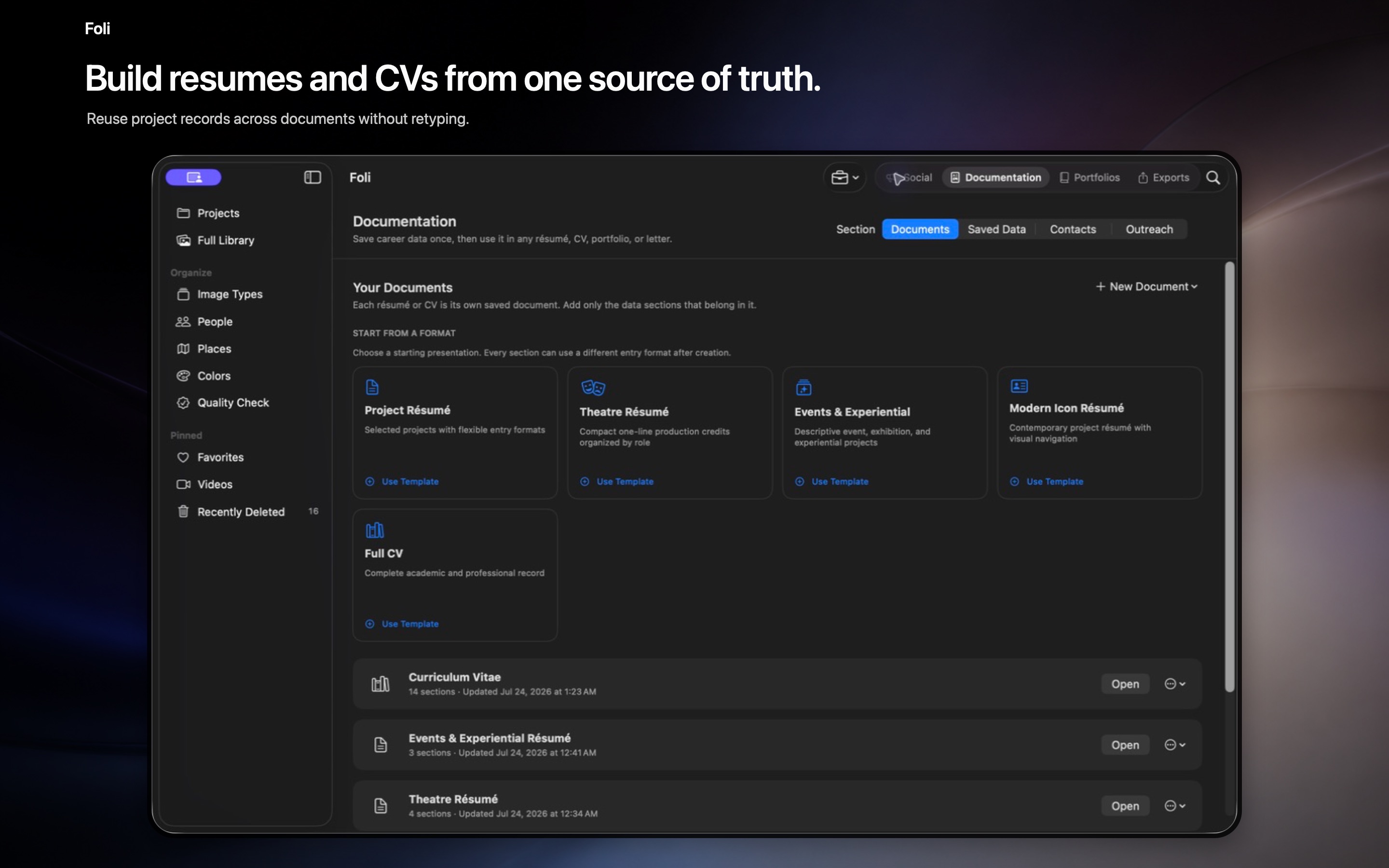 Foli Documentation showing reusable resume and CV formats.