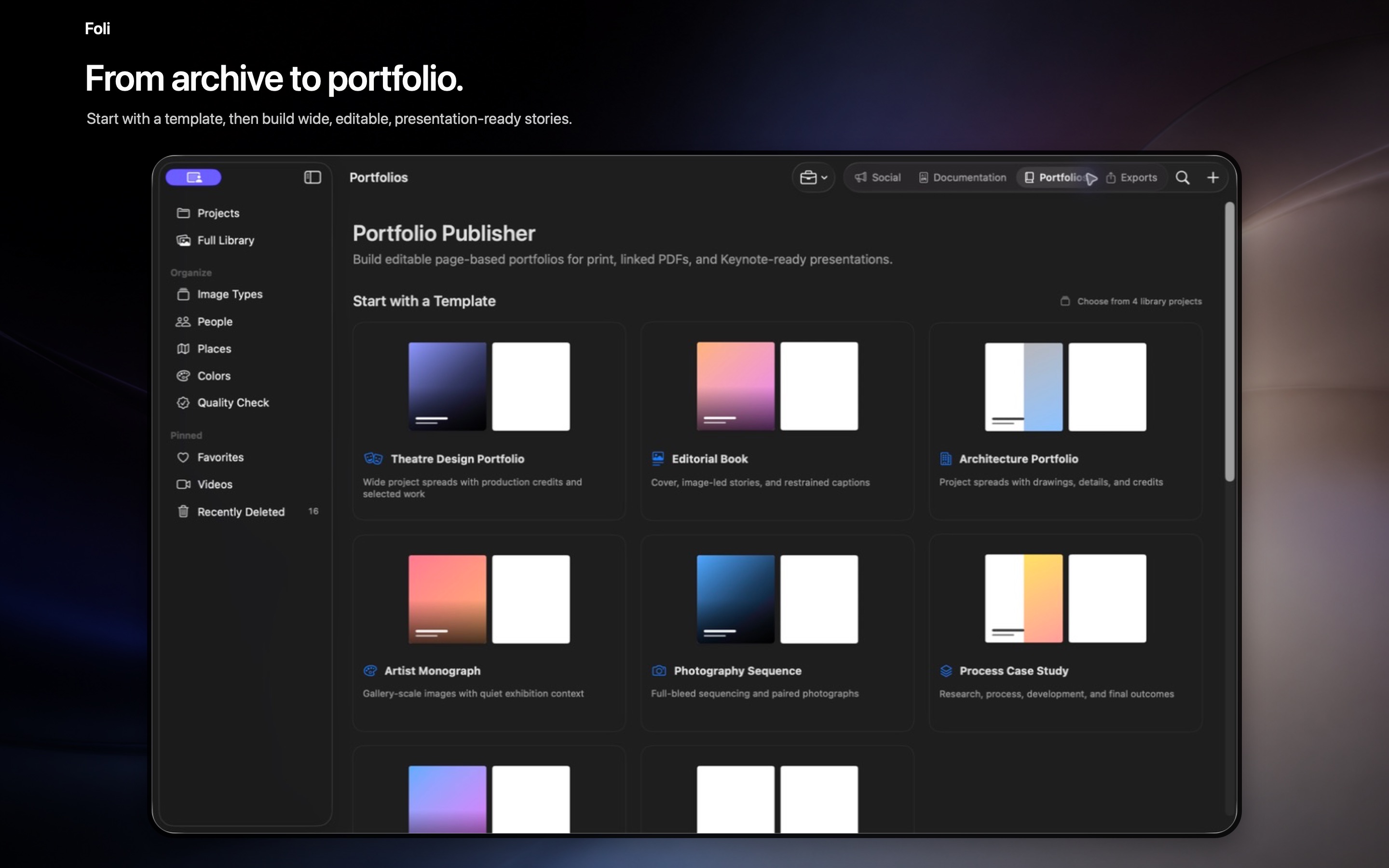 Foli Portfolio Publisher showing editable portfolio templates.