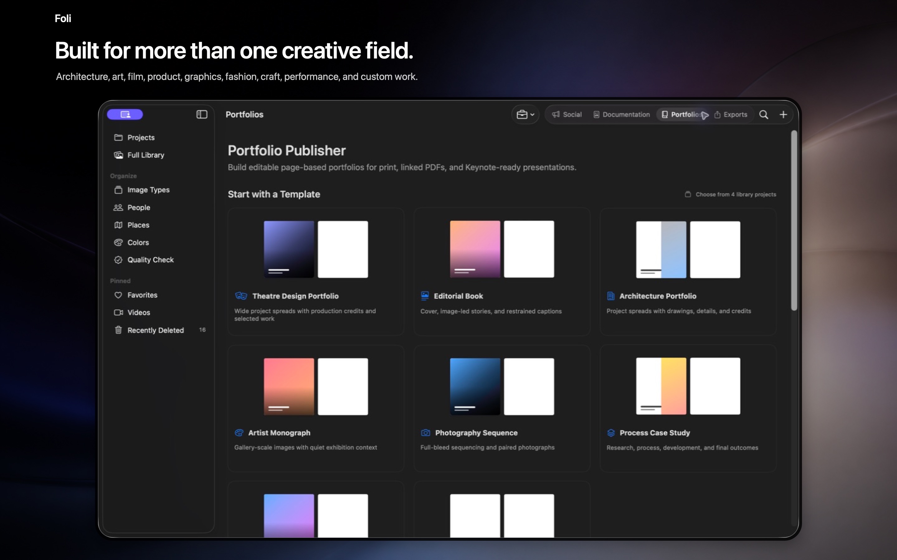 Foli Portfolio Publisher showing templates for theatre, editorial, architecture, art, photography, and process work.